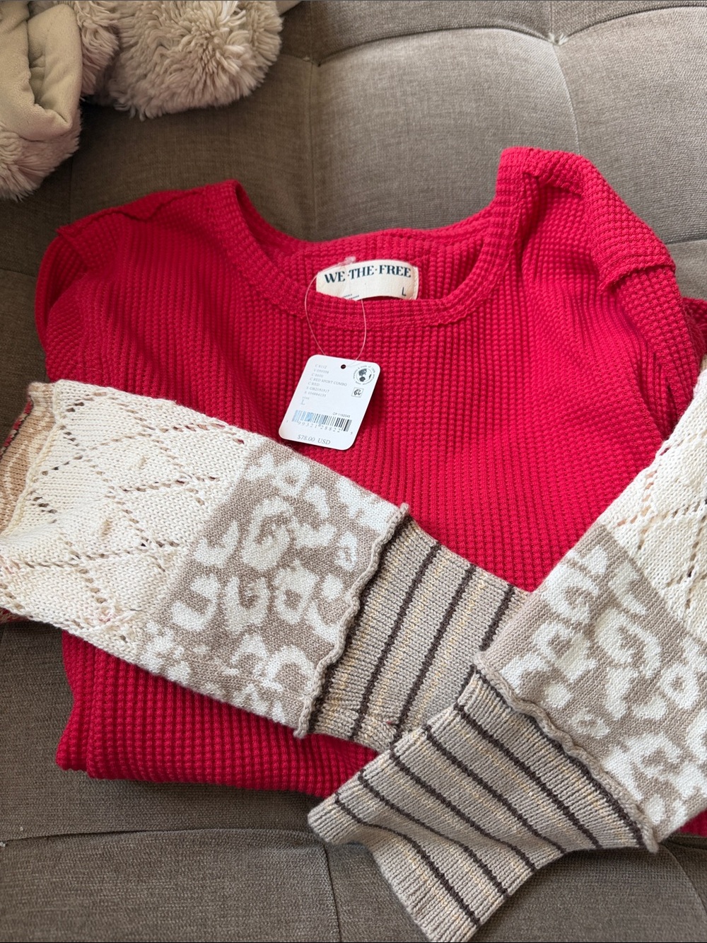 We The Free Bright Red Waffle-Knit Crewneck Sweater new with tags.